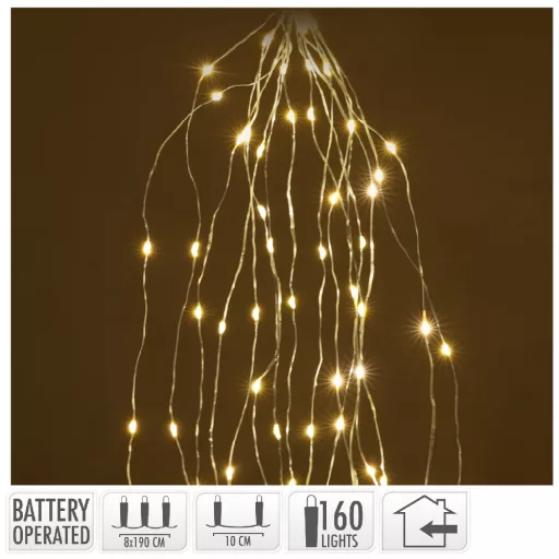 Ezüst drótkábeles korbács 160 LED-es elemes (elem nékül) meleg 8x190cm