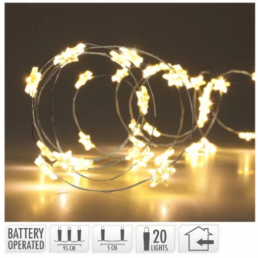 Ezüst drótkábeles csillag fényfüzér 20 LED-es elemes (elem nélkül) meleg 95cm