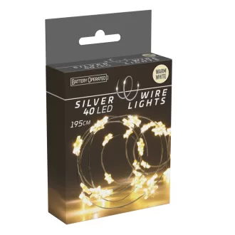  Ezüst drótkábeles csillag fényfüzér 40 LED-es elemes (elem nélkül) meleg 195cm