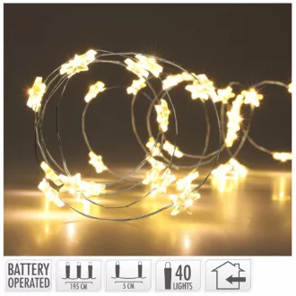   Ezüst drótkábeles csillag fényfüzér 40 LED-es elemes (elem nélkül) meleg 195cm