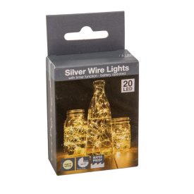   Ezüst drótkábeles vízálló fényfüzér 20 LED-es időzítős elemes (elem nélkül) meleg 95cm