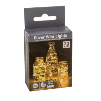   Ezüst drótkábeles vízálló fényfüzér 20 LED-es időzítős elemes (elem nélkül) meleg 95cm