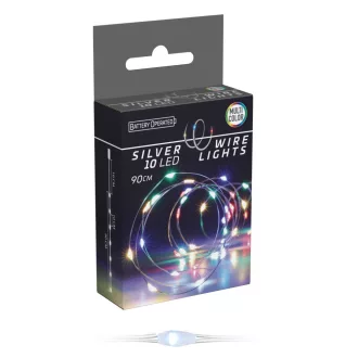   Ezüst drótkábeles fényfüzér 10 LED-es elemes (elemmel) multi 90cm