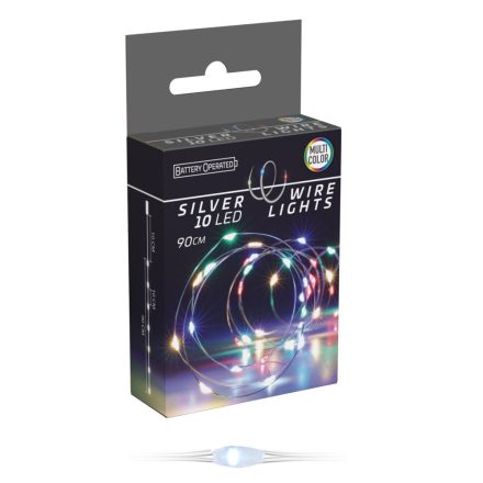 Ezüst drótkábeles fényfüzér 10 LED-es elemes (elemmel) multi