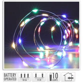   Ezüst drótkábeles fényfüzér 10 LED-es elemes (elemmel) multi 90cm