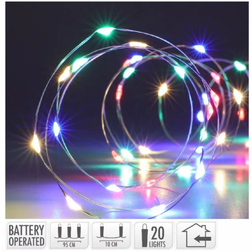Ezüst drótkábeles fényfüzér 20 LED-es elemes (elem nélkül) multi 95cm