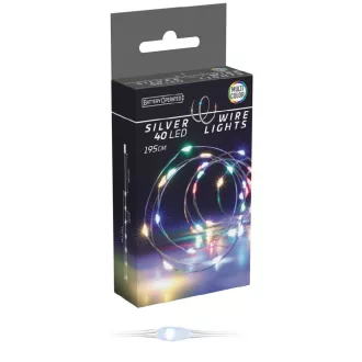   Ezüst drótkábeles fényfüzér 40 LED-eselemes (elem nélkül) multi 195cm