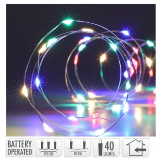  Ezüst drótkábeles fényfüzér 40 LED-eselemes (elem nélkül) multi 195cm