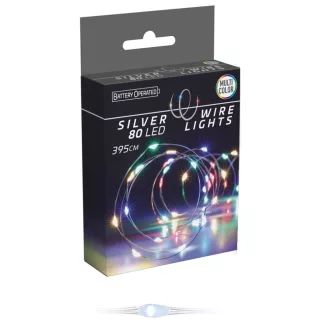   Ezüst drótkábeles fényfüzér 80 LED-es elemes (elem nélkül) multi 395cm