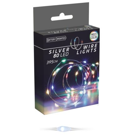 Ezüst drótkábeles fényfüzér 80 LED-es elemes (elem nélkül) multi 395cm