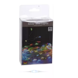   Ezüst drótkábeles fényfüzér 80 LED-es elemes (elem nélkül) multi 395cm