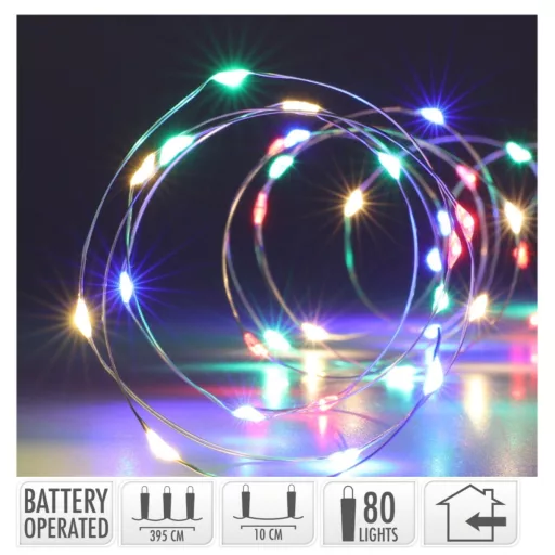 Ezüst drótkábeles fényfüzér 80 LED-es elemes (elem nélkül) multi 395cm
