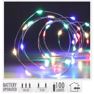   Ezüst drótkábeles fényfüzér 100 LED-es elemes (elem nélkül) multi 495cm