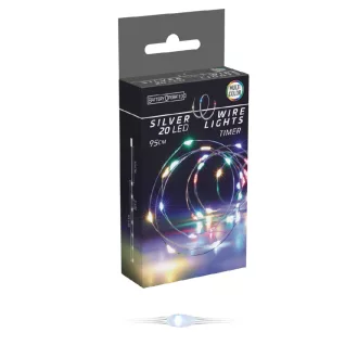   Ezüst drótkábeles fényfüzér 20 LED-es időzítős elemes (elem nélkül) multi 95cm