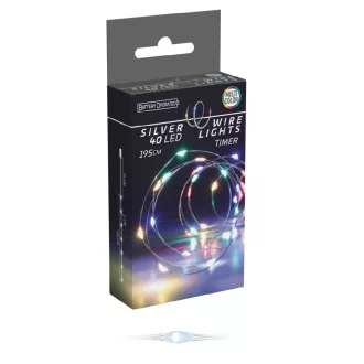   Ezüst drótkábeles fényfüzér 40 LED-es időzítős elemes (elem nélkül) multi 195cm
