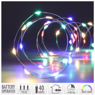   Ezüst drótkábeles fényfüzér 40 LED-es időzítős elemes (elem nélkül) multi 195cm