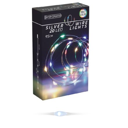 Ezüst drótkábeles fényfüzér 80 LED-es időzítős elemes (elem nélkül) multi 395cm