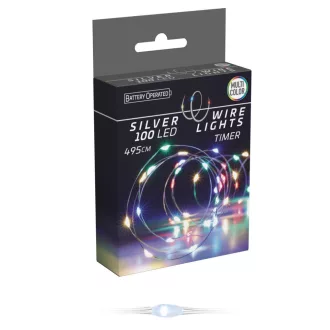   Ezüst drótkábeles fényfüzér 100 LED-es időzítős elemes (elem nélkül) multi 495cm