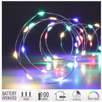   Ezüst drótkábeles fényfüzér 100 LED-es időzítős elemes (elem nélkül) multi 495cm