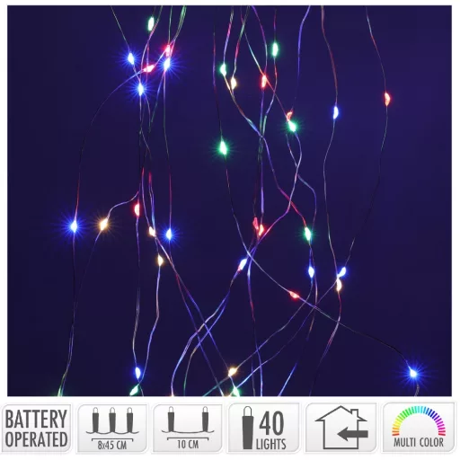 Ezüst drótkábeles korbács 40 LED-es elemes (elem nékül) multi  8x45cm