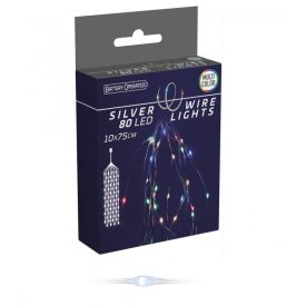   Ezüst drótkábeles korbács 80 LED-es elemes (elem nékül) multi  10x75cm
