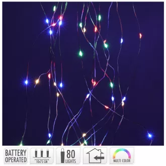   Ezüst drótkábeles korbács 80 LED-es elemes (elem nékül) multi  10x75cm