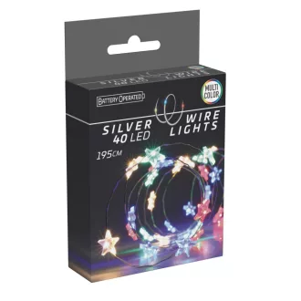   Ezüst drótkábeles csillag füzér 40 LED-es elemes (elem nélkül) multi 195cm