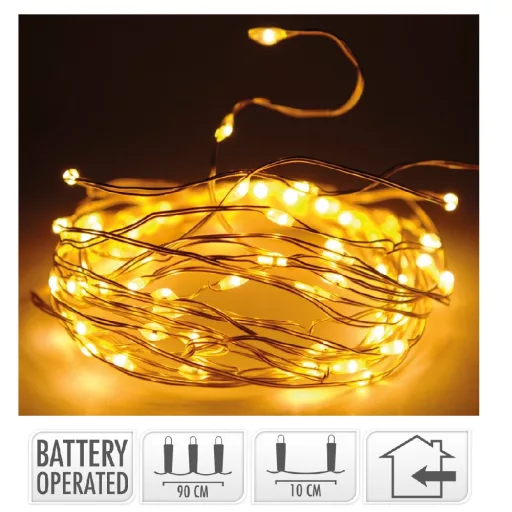 Arany drótkábeles fényfüzér 10 LED-es elemes (elemmel) extra meleg 90cm
