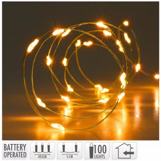   Arany drótkábeles fényfüzér 100 LED-es elemes (elem nélkül) extra meleg 495cm