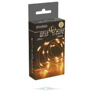   Arany drótkábeles fényfüzér 40 LED-es időzítős elemes (elem nélkül) extra meleg 195cm
