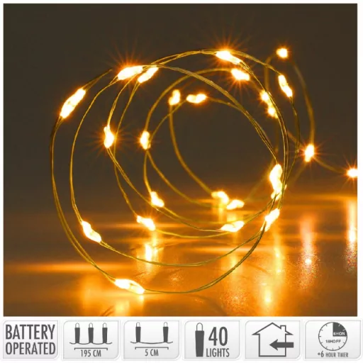 Arany drótkábeles fényfüzér 40 LED-es időzítős elemes (elem nélkül) extra meleg 195cm