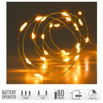   Arany drótkábeles fényfüzér 80 LED-es elemes időzítővel (elem nélkül)  extra meleg