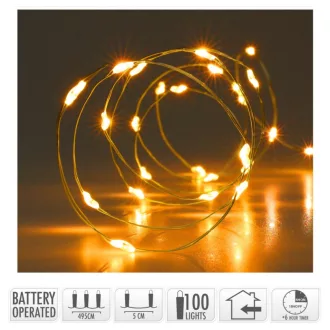   Arany drótkábeles fényfüzér 100 LED-es elemes időzítővel (elem nélkül) extra meleg