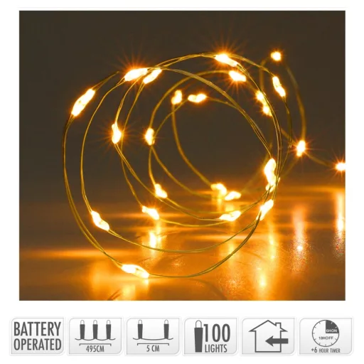 Arany drótkábeles fényfüzér 100 LED-es elemes időzítővel (elem nélkül) extra meleg