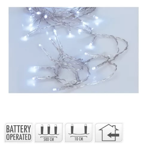 Fényfüzér 50 LED-es transpares elemes (elem nélkül) hideg  500cm