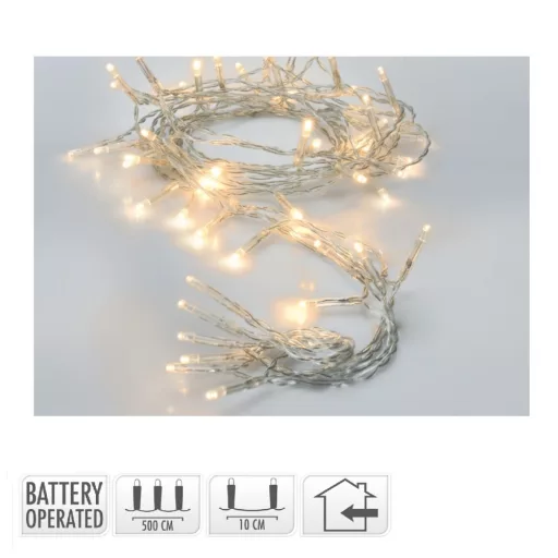 Fényfüzér 50 LED-es tranparens elemes (elem nélkül) meleg  500cm