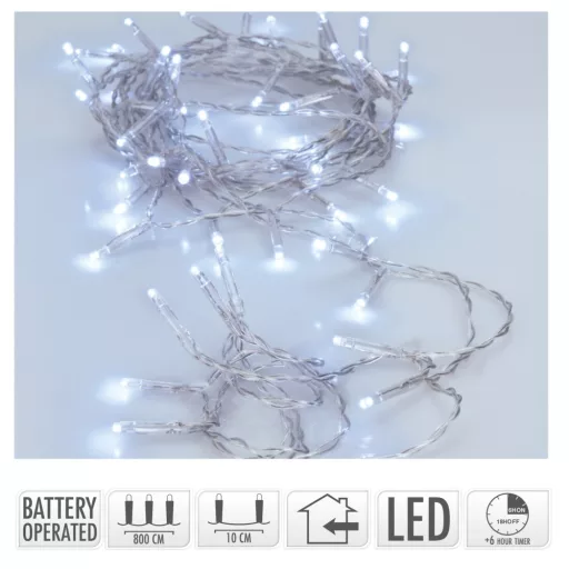 Fényfüzér 80 LED-es transparens  időzítős elemes (elem nélkül) hideg 8m