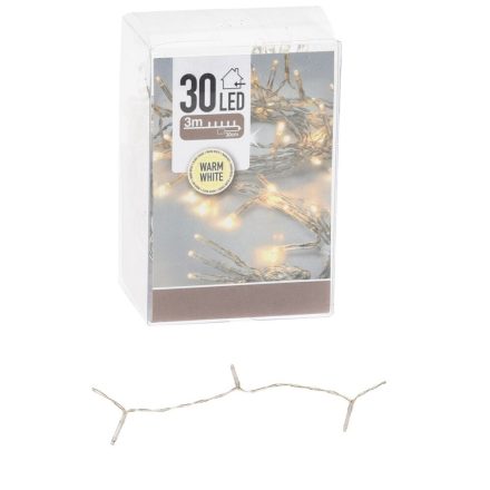 Fényfüzér 30 LED-es transparens  időzítős elemes (elem nélkül) meleg 300cm
