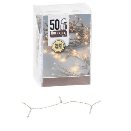 Fényfüzér 50 LED-es transparens  időzítős elemes (elem nélkül) meleg  500cm