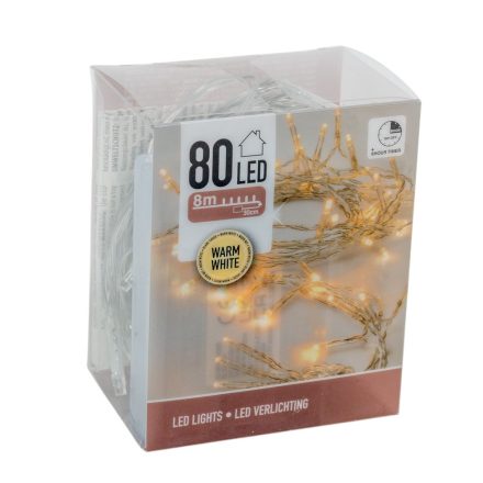 Fényfüzér 80 LED-es transparens  időzítős elemes (elem nélkül) meleg