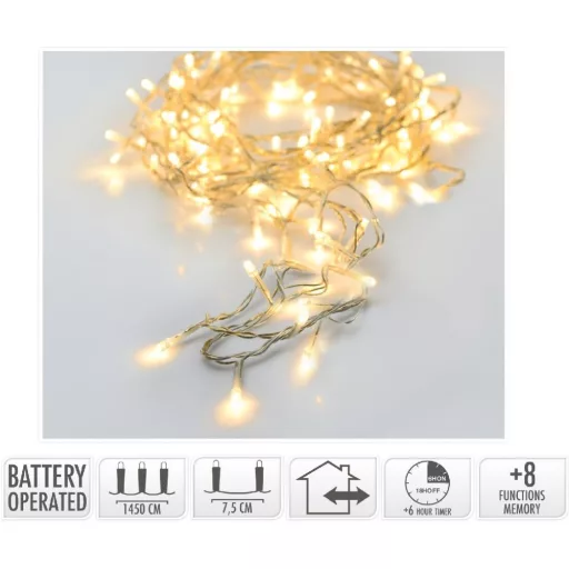 Fényfüzér 192 LED-es transzparens programos elemes (elem nélkül) meleg 14,5m