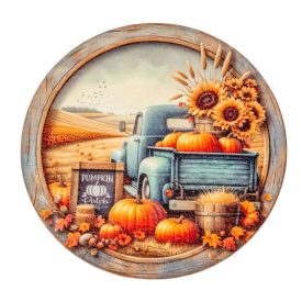   Nyomtatott fa tábla koszorú közép Őszi táj kék teherautóval 11,8cm