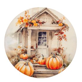   Nyomtatott fa tábla koszorú közép  Fehér-narancs tök házzal 11,8cm