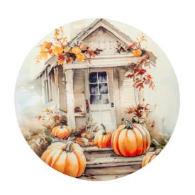   Nyomtatott fa tábla koszorú közép Fehér-narancs tök házzal 14,8cm