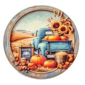   Nyomtatott fa tábla koszorú közép Őszi táj kék teherautóval 14,8