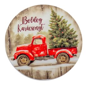   Nyomtatott fa tábla koszorú közép Autós karácsonyi 11,8cm