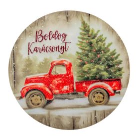   Nyomtatott fa tábla koszorú közép Autós karácsonyi 14,8cm