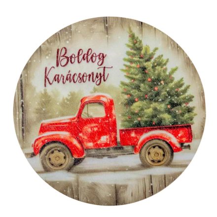 Nyomtatott fa tábla koszorú közép Autós karácsonyi 14,8cm