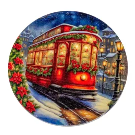   Nyomtatott fa tábla koszorú közép Karácsonyi villamos 11,8cm