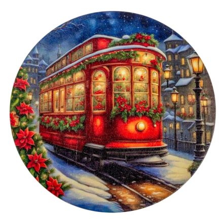 Nyomtatott fa tábla koszorú közép Karácsonyi villamos 14,8cm